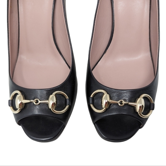NIB Gucci Black Leather Horsebit Hollywood Peep Toe Heels Pumps Size EU … - Picture 4 of 11